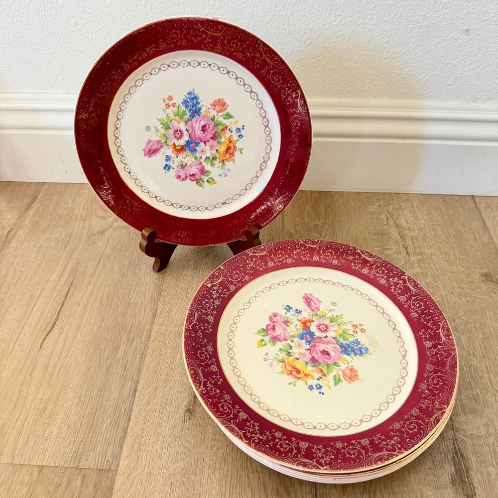 RARE Vtg 8 PCs‎ Franklin Kent Warranted Gold 22kt Roses Dinner Plates 9.25” USA